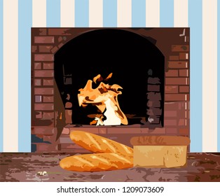 Homemade bread Vector. Brick oven burning flame on background. Home bakery poster illustrations