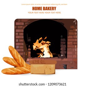 Homemade bread Vector. Brick oven burning flame on background. Home bakery poster illustrations