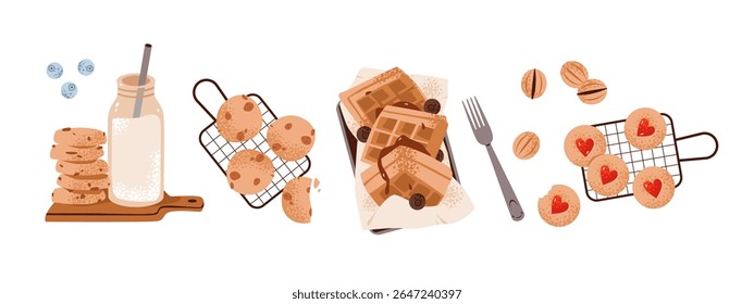 Homemade breakfast with cookies with milk and waffles. Healthy baking. Tasty bakery with syrup and jam. Flat vector illustration set.