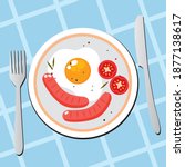 homemade breakfast fried egg with tomatoes and sausages on a plate. vector flat image