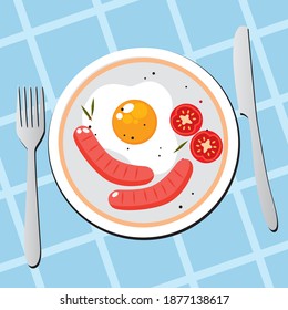 homemade breakfast fried egg with tomatoes and sausages on a plate. vector flat image