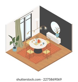 Homemade breakfast for two - modern vector colorful isometric illustration. Table in the living room with croissants, orange juice and cup of coffee. Stylish interior, indoor plants, mirror and carpet