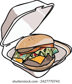 Ilustración casera de la comida de la hamburguesa, queso de sésamo y tomate.