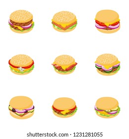 Homemade burger icons set. Cartoon set of 9 homemade burger vector icons for web isolated on white background
