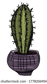 homemade cactus in a purple pot. Doodle sketch vector.