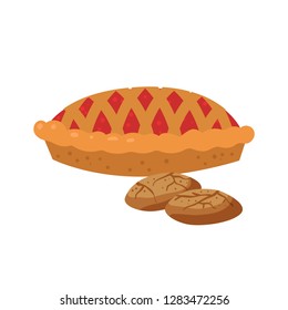 Homemade cake and delicious flavored biscuits. Hand drawing vector illustration on background for poster, card, print, badge, packaging, menu bakery, logo