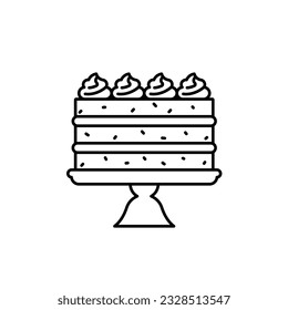 Homemade cake line icon. Holliday sponge pie with whipped cream. Doodle illustration of a bakery on cake stand. Linear illustration. Editable strokes