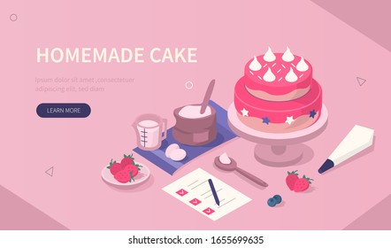 Homemade Cake on Kitchen. Recipe for Cooking Sweet Dessert with Cream. Confectioner Workplace. Bakery and Pastry Concept. Flat Isometric Vector Illustration.