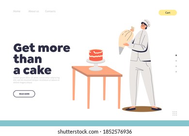 Homemade cake order landing page concept with female chief decorating cake for wedding or birthday event decorating with cream from bag. Template flat vector illustration