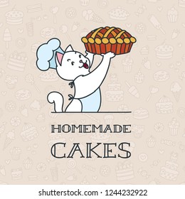 
Homemade cakes. Illustration of cute cat baker holding a pie. Vector 8 EPS.