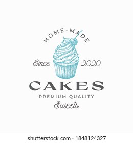 Home-made Cakes Premium Quality Confectionary Abstract Sign, Symbol or Logo Template. Hand Drawn Sweets Piece with Typography. Bakery Vector Emblem Concept. Isolated.