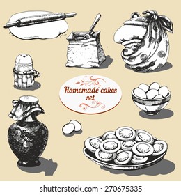 Homemade cakes preparation objects, hand drawn illustration