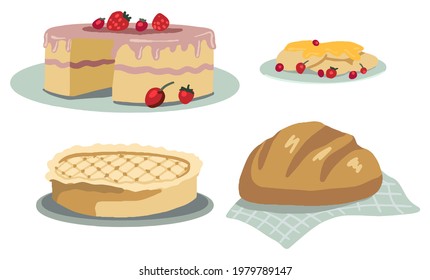 Homemade cakes set. Cake, pie, pancakes, bread. Vector illustrations of cottagecore aesthetic. Simple drawings isolated on white. Cliparts for decor, stickers, design, card, print. Collection of food