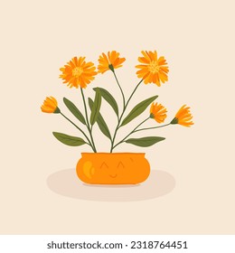homemade calendula. kawaii flower in a pot. illustration of orange cozy flowers.