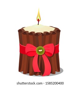 Homemade candle with red bow and cinnamon sticks isolated on a white background. Vector cartoon close-up illustration