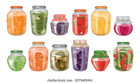 Homemade canned food colored set of closed jars with jam compote and pickles vegetables isolated vector illustration