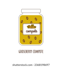 Homemade canned gooseberry compote in glass jar. White background. Vector flat  illustration