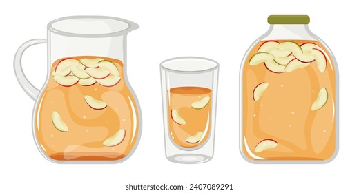 Homemade, canned, sweet, refreshing apple compote in a glass decanter, glass, jar. The concept of healthy, natural eating. Vector illustration in a cartoon style.