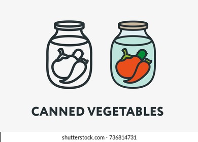 Homemade Canned Vegetables Concept. Glass Jar With Tomato, Pepper And Pickle. Minimal Flat Line Outline Colorful And Stroke Icon Pictogram