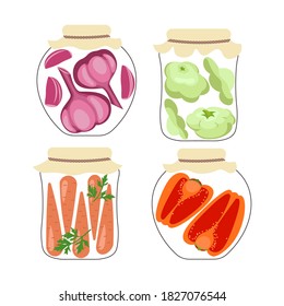 Homemade canned vegetables in jars  isolated on white background. Flat Art Vector Illustration