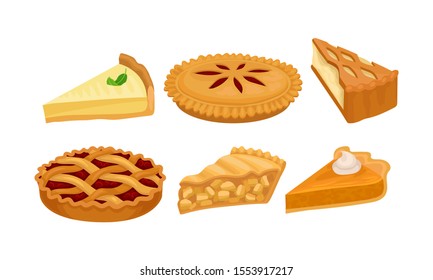 Homemade Cartoon Pies And Cakes With Fruits And Cream Vector Illustration Set Isolated On White Background