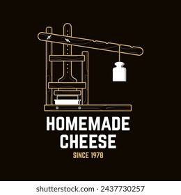 Homemade cheese badge design. Template for logo, branding design with cheese molds and press. Vector illustration. Hand crafted product cheese