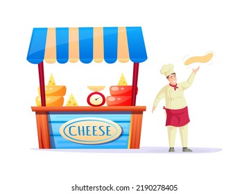 Homemade Cheese Counter And Chef Character Cooking Pizza. Farm Food Local Market Stall With Fresh Food. Seller Presenting Products For Customer. Fair Booth, Kiosk With Eco Natural Products Flat Vector