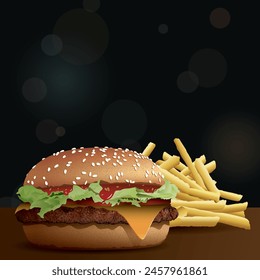 La vista lateral de la hamburguesa de queso casera y las papas fritas en la mesa de madera tienen un fondo cuadrado de vida nocturna borroso con Ilustración vectorial de efecto bokeh y tienen espacio en blanco para la publicidad.