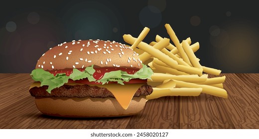 La vista lateral de la hamburguesa de queso casera y las papas fritas en la mesa de madera tienen un fondo de vida nocturna borroso con Ilustración vectorial de efecto bokeh y tienen espacio en blanco para la publicidad.