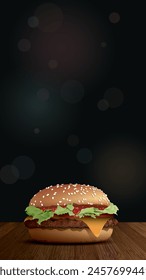 La vista lateral de la hamburguesa de queso casera en la mesa de madera tiene un fondo de Vertical de vida nocturna borroso con Ilustración vectorial de efecto bokeh y un espacio en blanco para la publicidad.