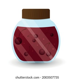 Homemade cherry jam. Glass jar with cherry jam. Vector illustration in cartoon style.