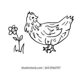 Homemade chicken and flower, vector drawing in doodle style. Farm animals is a monochrome hand-drawn contour illustration. A happy chicken for a brand of home products.