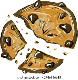 Homemade choco chip cookies with chocolate crisps isolated on white background. Bitten, broken, cookie crumbs. Vector illustration in cartoon flat style. Sweet food cookies icon. Biscuit, small baked.
