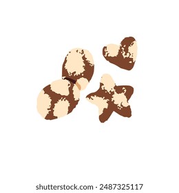 Homemade chocolate shortbreads. Tasty cookies, biscuits with different shapes. Bakery, flour food for breakfast. Delicious snacks, desserts. Flat isolated hand drawn vector illustration on white