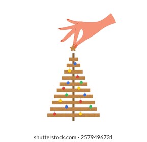 Homemade Christmas Tree. Winter holidays symbol. Plastic free concept. Vector illustration in flat cartoon style.