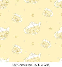 Homemade Citrus Lemonade Seamless Pattern. Refreshing Summer Drink with Glass Teapot and Mug with Lemon, Mint and Ice Cubes on Yellow Background. Vector Illustration