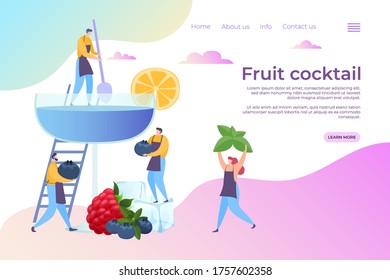 Homemade cocktail recipes, landing page vector Illustration. Refreshing drink made from blueberries, peppermint, slice lemon quench thirst in summer. People preparing fruit lemonade with ice.