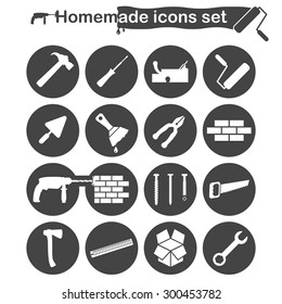 Homemade construction and renovation icons set, 16 icons, 2d vector on round plates, white and gray colors, eps 8