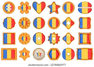 Homemade cookie with flag country Romania in tasty biscuit, cookie consist of sign flag country Romania on natural biscuit, fresh biscuit cookie with flag country Romania it new collectible sugar food