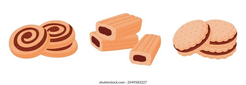 Biscoitos caseiros. Biscoitos de desenhos animados com recheio de chocolate, conjunto de ilustração de vetor plano de massa doce. Biscoitos saborosos no branco