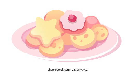 Homemade cookies flat vector illustration. Sweet biscuits of various shapes in pink plate isolated clipart on white background. Delicious baked dessert with berry jam in saucer design element