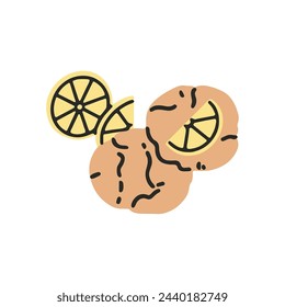 Homemade cookies with lemon slices filling. Organic biscuits with citrus fruit flavor. Gluten free pastry, healthy snacks. Tasty food, dessert. Flat isolated vector illustration on white background