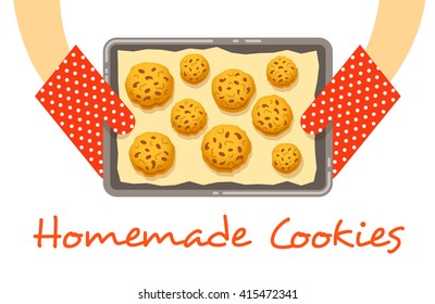 Homemade cookies on a pan, fresh baked and got out of an oven. Home bakery vector background. Female hands holding a tray with baking paper and several biscuits with chocolate. Flat illustration