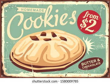 Homemade cookies retro worn sign design. Butter cookie on old vintage sign. Food bakery biscuit vector illustration.