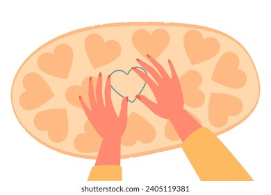 Homemade cookies. Top view on hands making cookies cartoon vector illustration. Festive shaped cookies. Process of making sweet cookies use heart cookie cutter