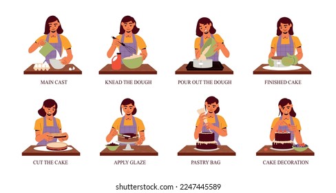 Homemade cooking compositions set with baking cake steps isolated against white background flat vector illustration