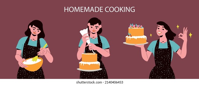 Homemade cooking design concept with happy women making cakes isolated on colour background flat vector illustration