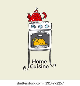 Homemade cooking hand drawn color illustration. Roasted chicken, thanksgiving turkey cartoon sketch drawing. Culinary doodle clipart. Home cuisine typography lettering. Poster, logo flat color design 