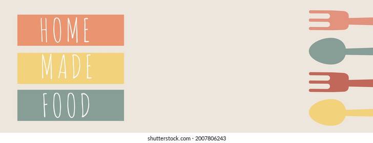 Homemade cooking healthy tasty food postel pastel colors with cutlery: spoon, fork, knife and place for text, copy paste. Home cooking  catering, restaurant, cafe symbol concept, vector illustration 