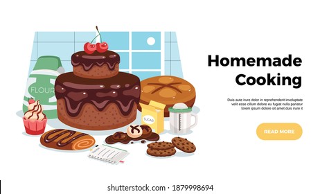 Homemade cooking horizontal web banner with art composition of ready made delicious sweet pastries flat vector illustration